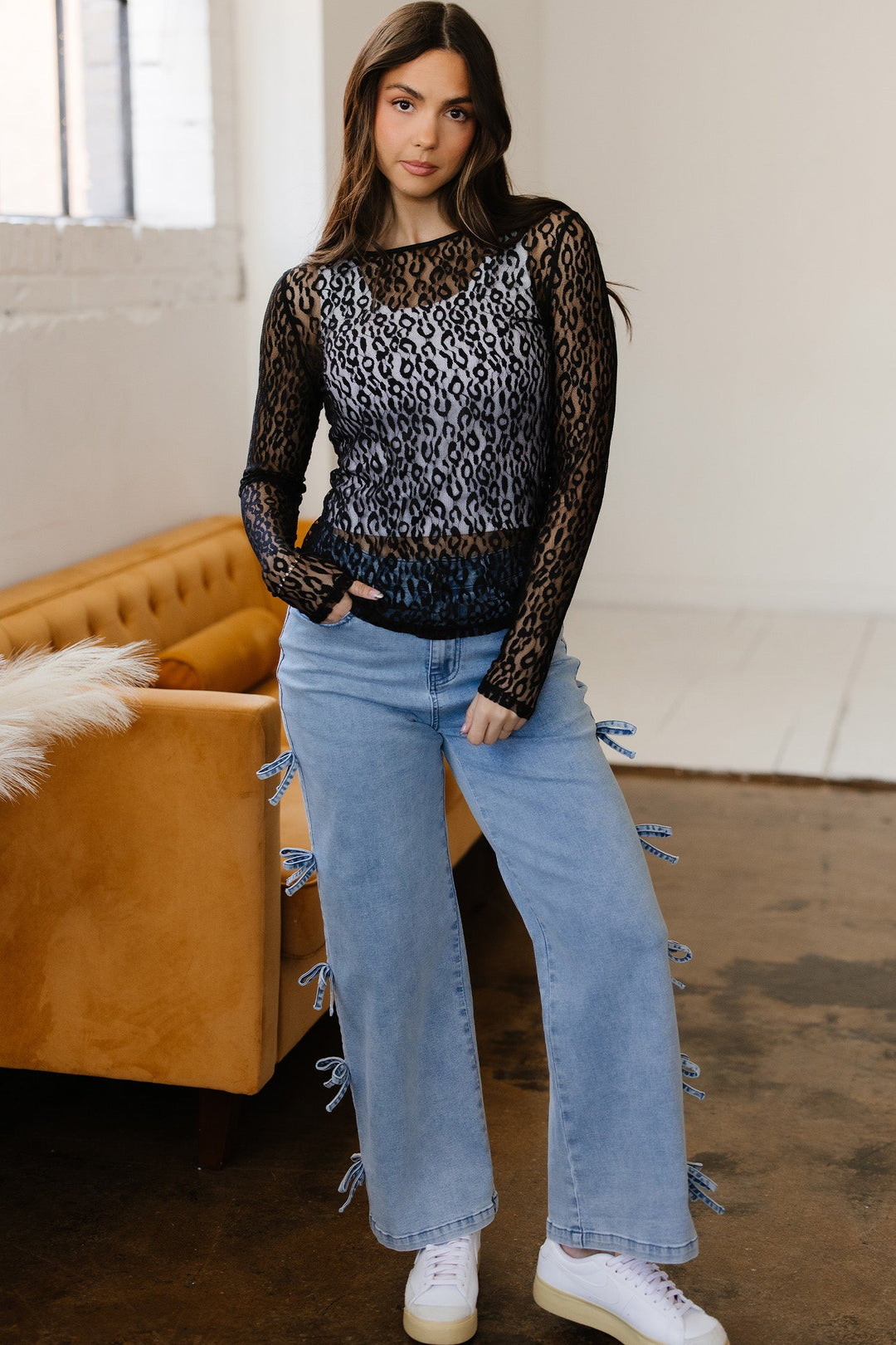 Denver Pattern Sheer Mesh Long Sleeve Top