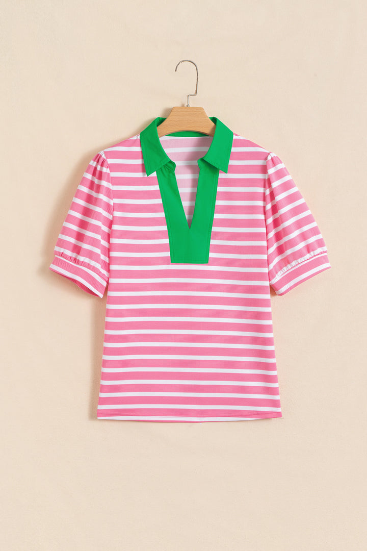 Blue Stripe Short Puff Sleeve Color Block Polo Collar Blouse