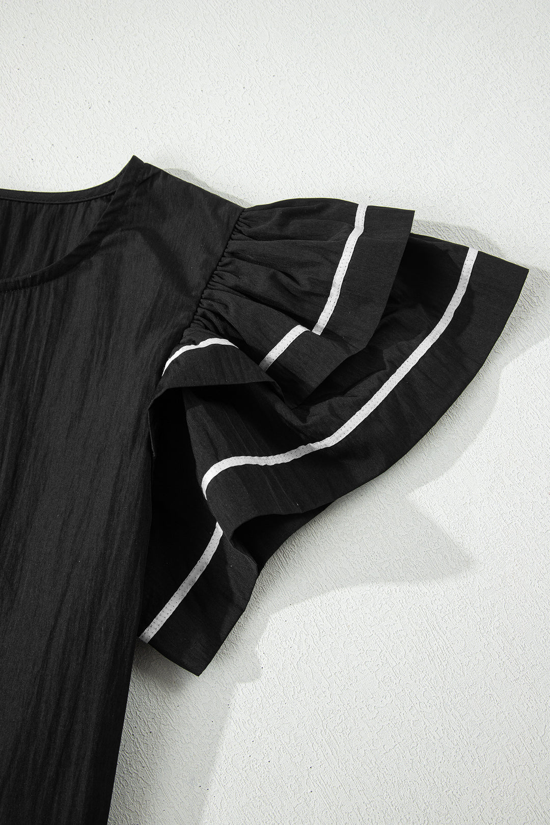 Black Contrast Trim Dual Ruffle Short Sleeve Textured Blouse