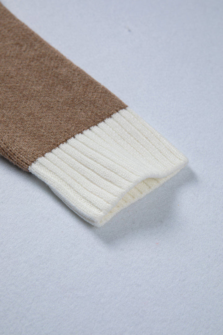 Khaki Houndstooth Color Block V Neck Raw Edge Button Front Cardigan