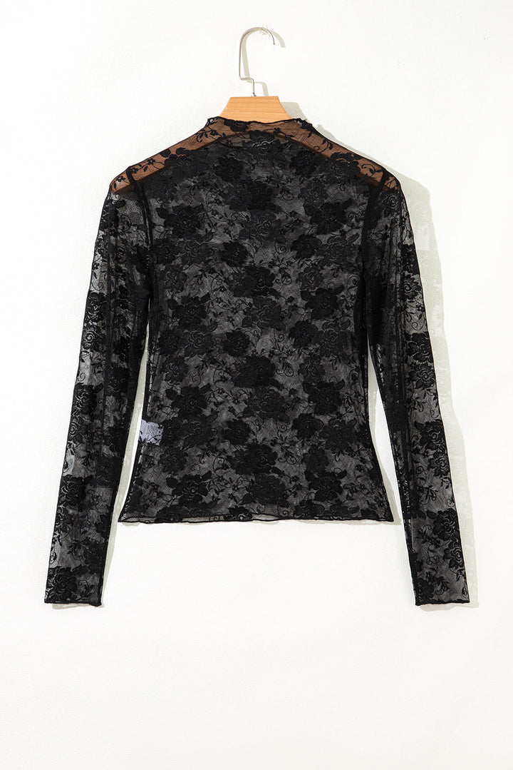 Myla Sheer Floral Lace Mesh Mock Neck Long Sleeve Top