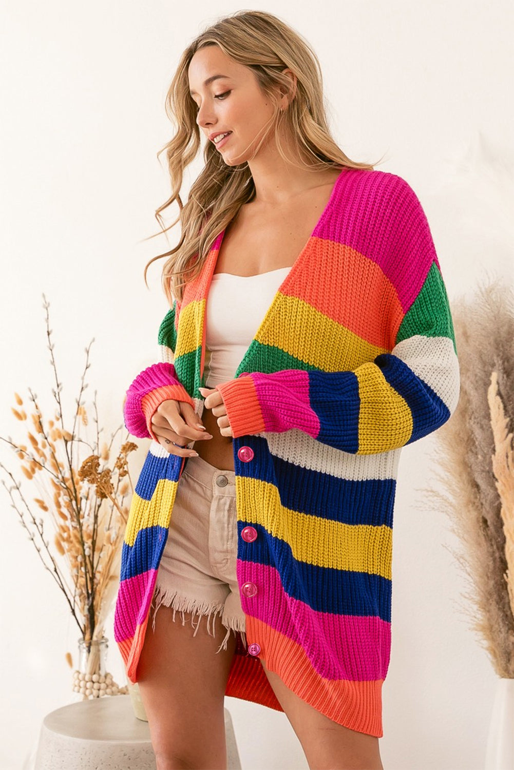 Multicolor Striped Print Longline Cardigan