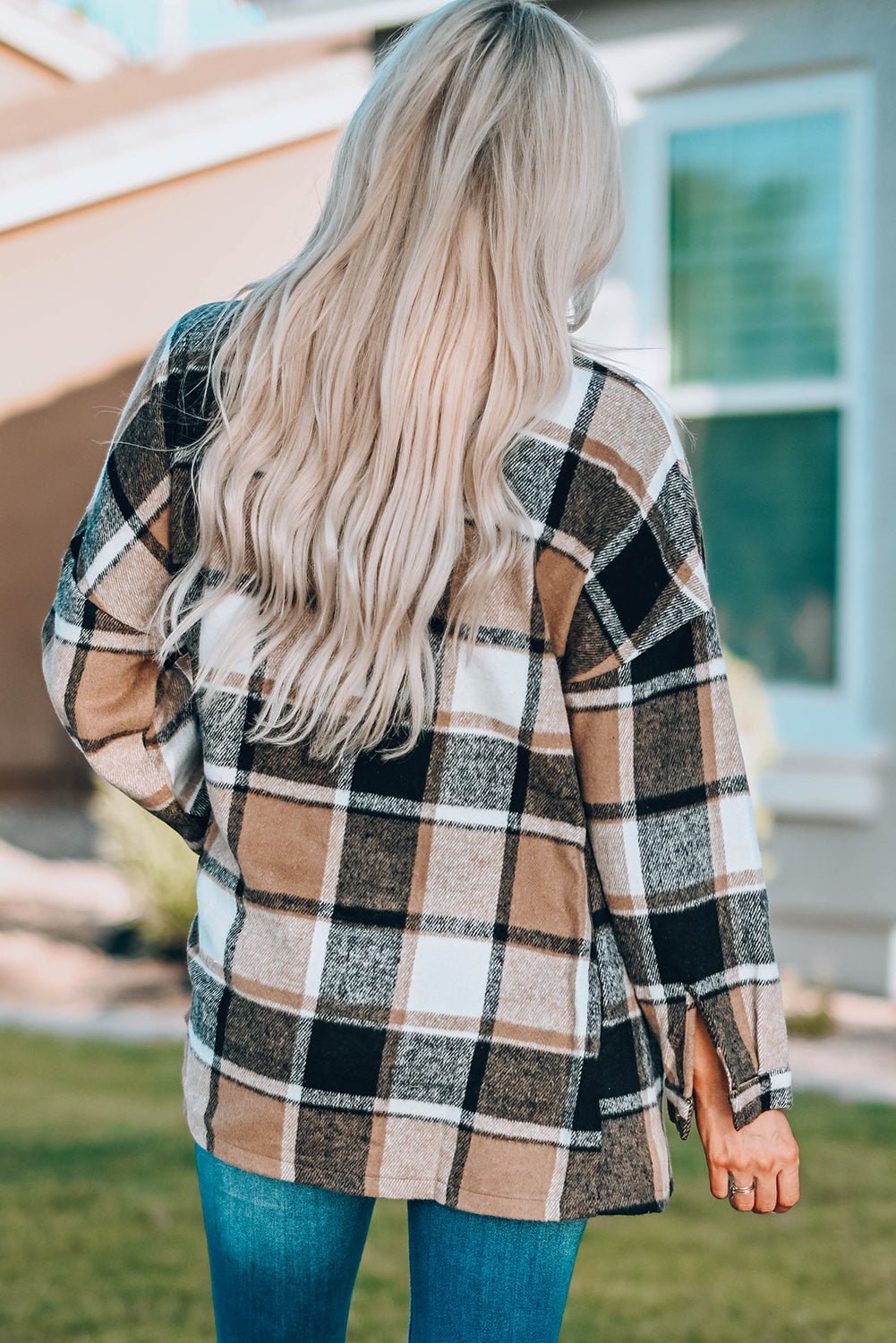 Gray Plaid Print Buttoned Shirt Jacket