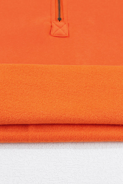 Orange Fleece Lined Half Zipper Kangaroo Pockets Loose Hoodie