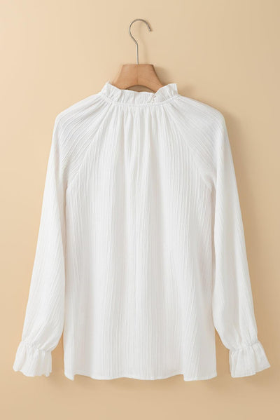 White Frilled Mock Neck Ripple Bubble Sleeve Blouse