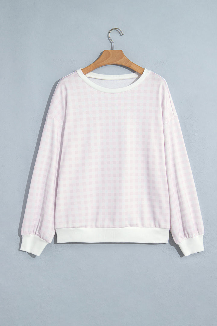 Pink Plaid Round Neck Long Sleeve Sweatshirt