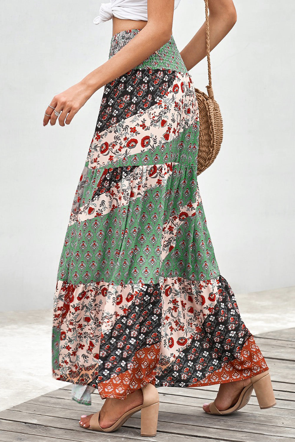 Multicolor Boho Print Tie-Up Waist Long Maxi Skirt