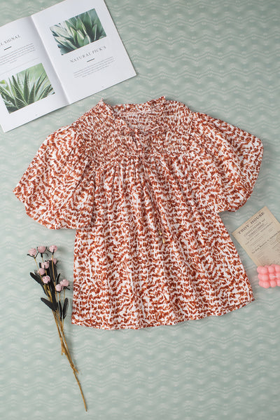 Brown Printed Tie Split Neck Puff Sleeve Blouse