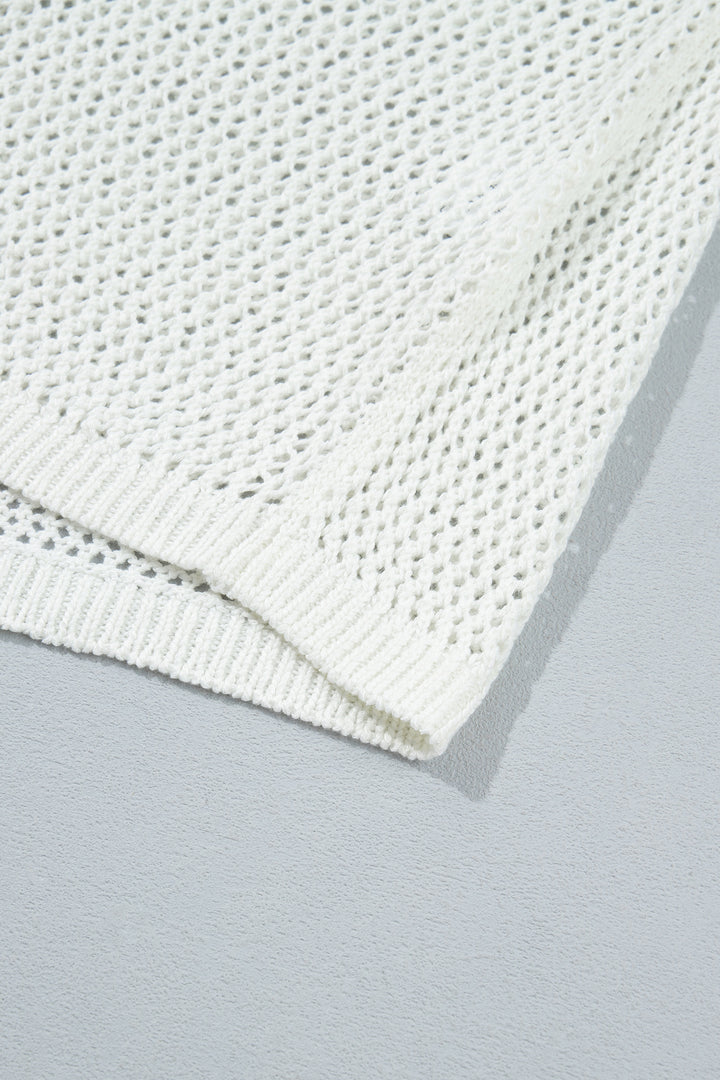 White Open Knit Fish Embroidered Casual Sweater