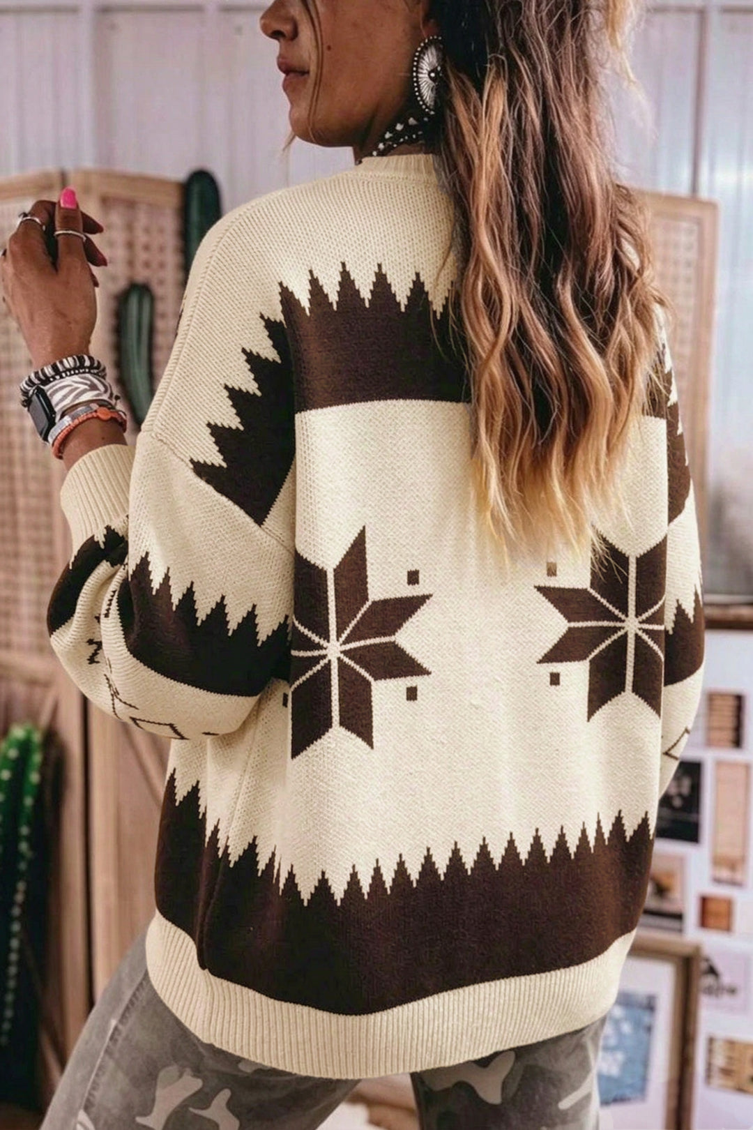 Beige Western Geometric Print Zip Front Loose Sweater Cardigan