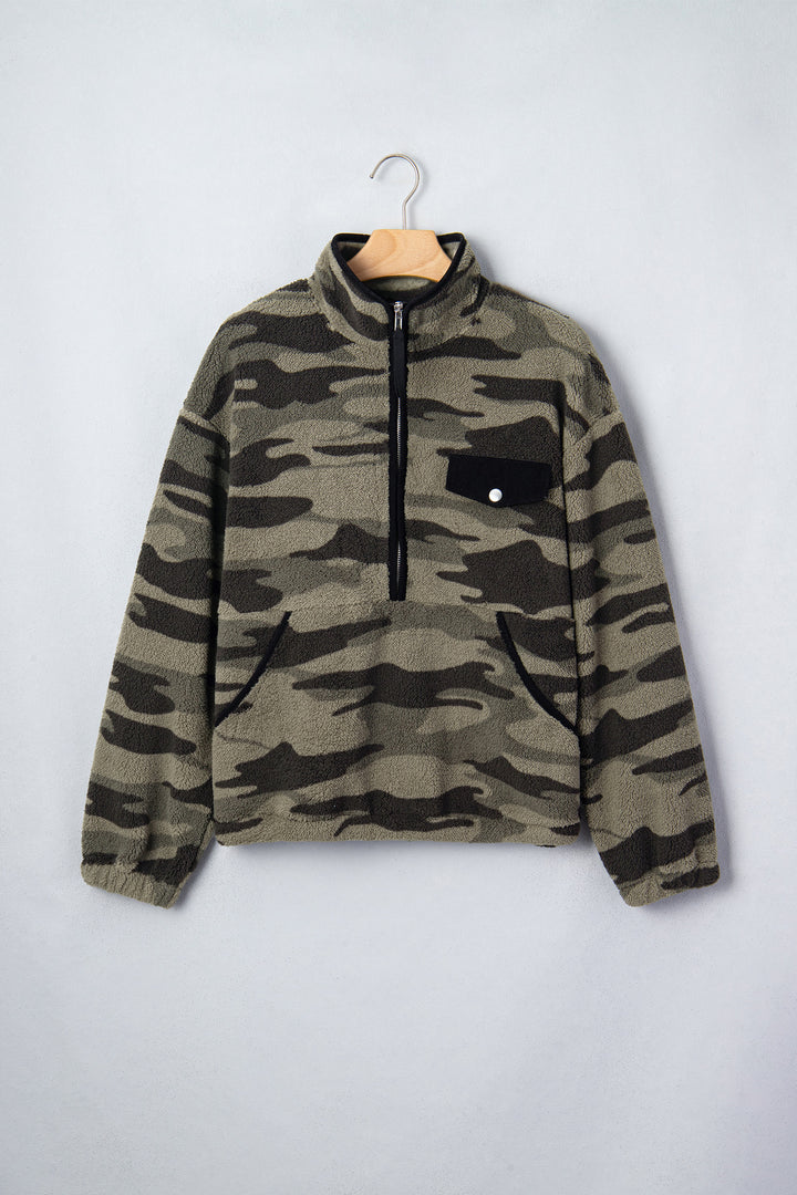 Multicolour Camouflage Fleece Half Zip-Up Long Sleeve Pocket Sweatshirt