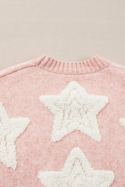 Pink Sherpa Star Pattern Textured Sweater Cardigan with Pockets