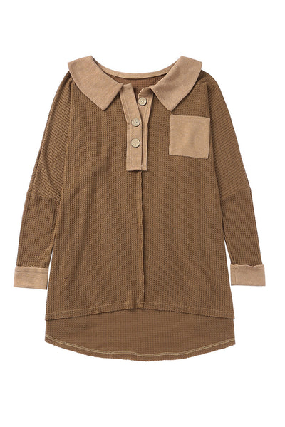 Brown Waffle Knit Buttoned Long Sleeve Top