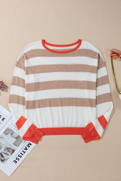 Apricot Colorblock Striped Round Neck Drop Shoulder Sweater