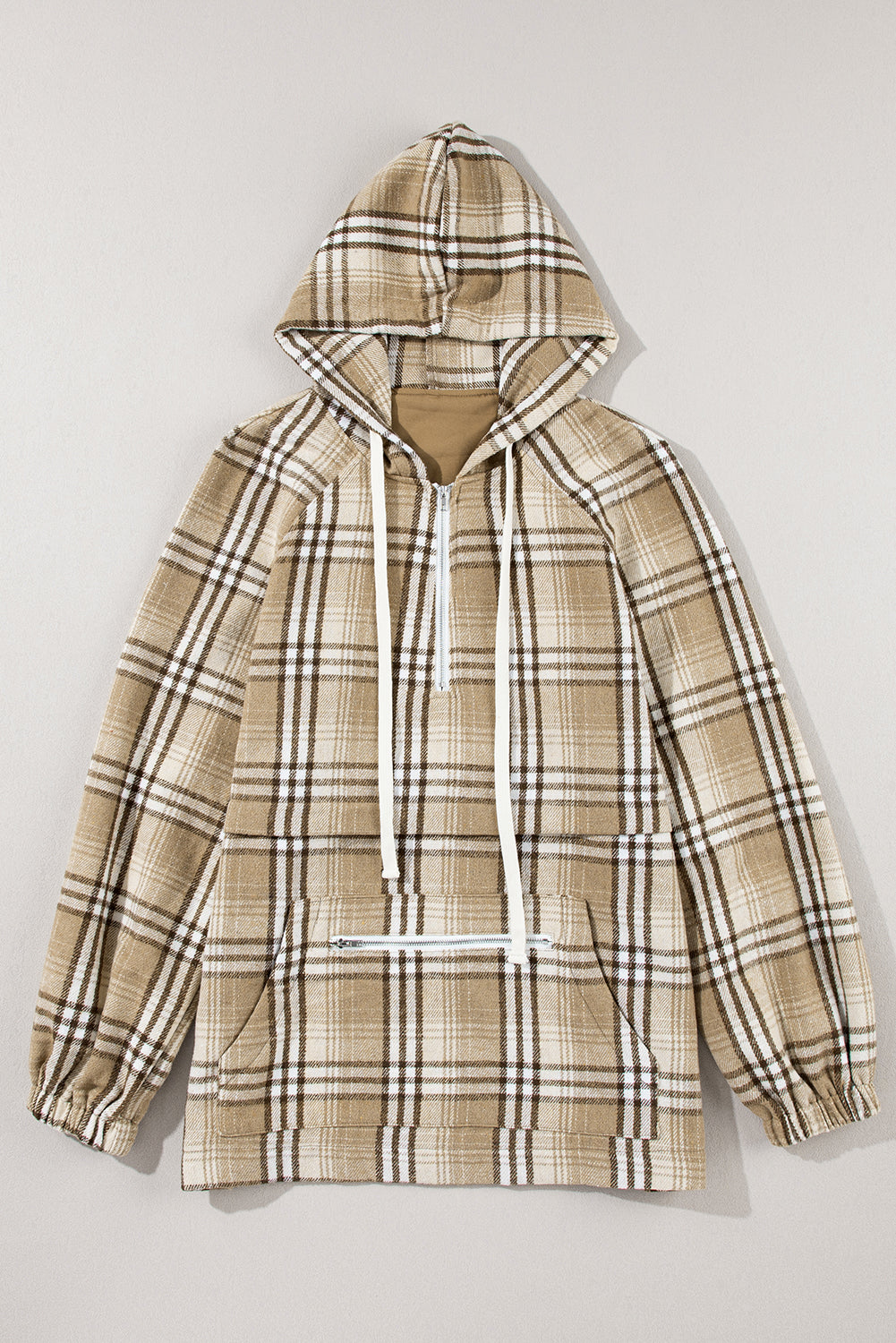 Khaki Printed Zipped Front Pullover Plaid Hoodie