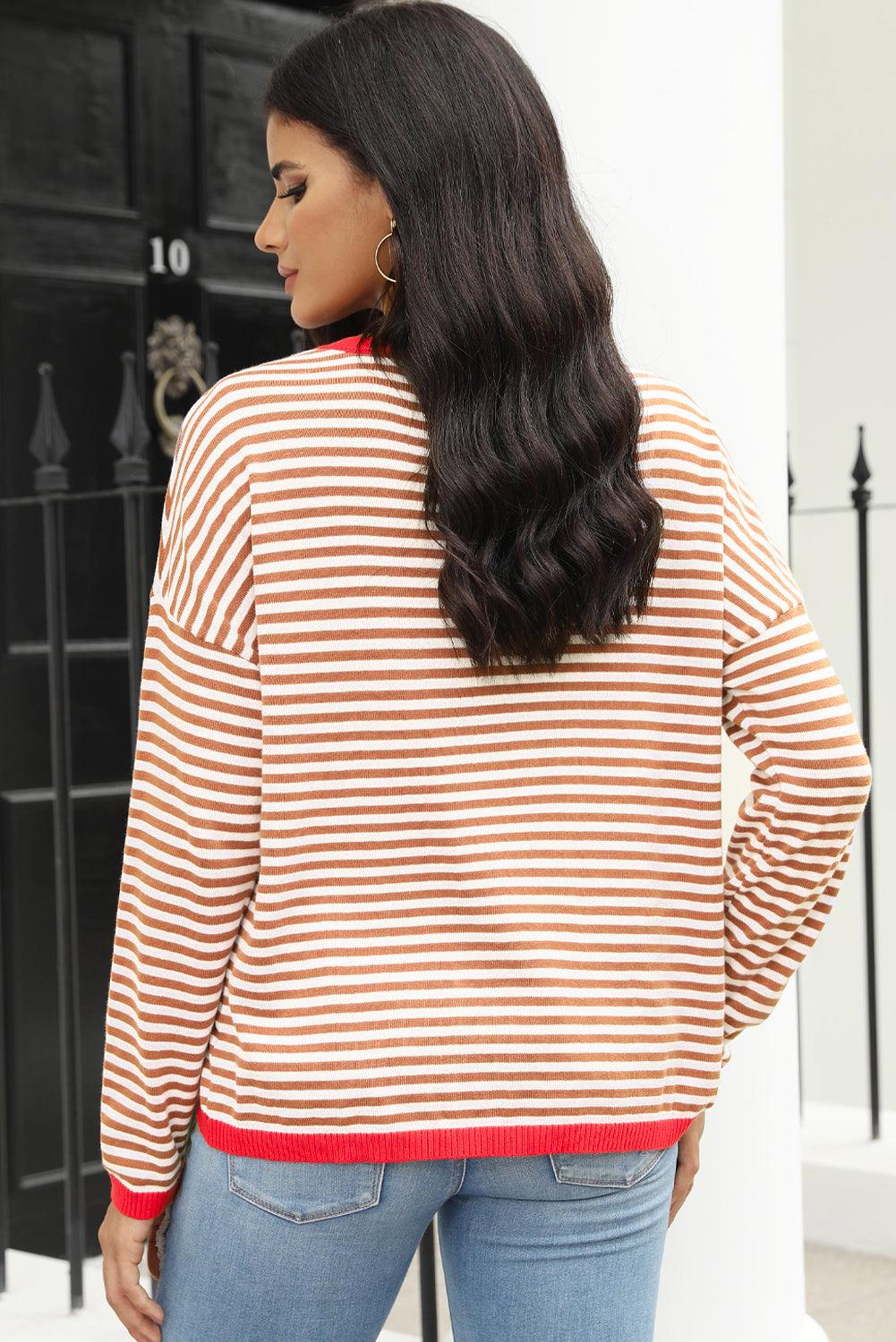 Fiery Red Contrast Trimmed Striped Drop Shoulder Sweater