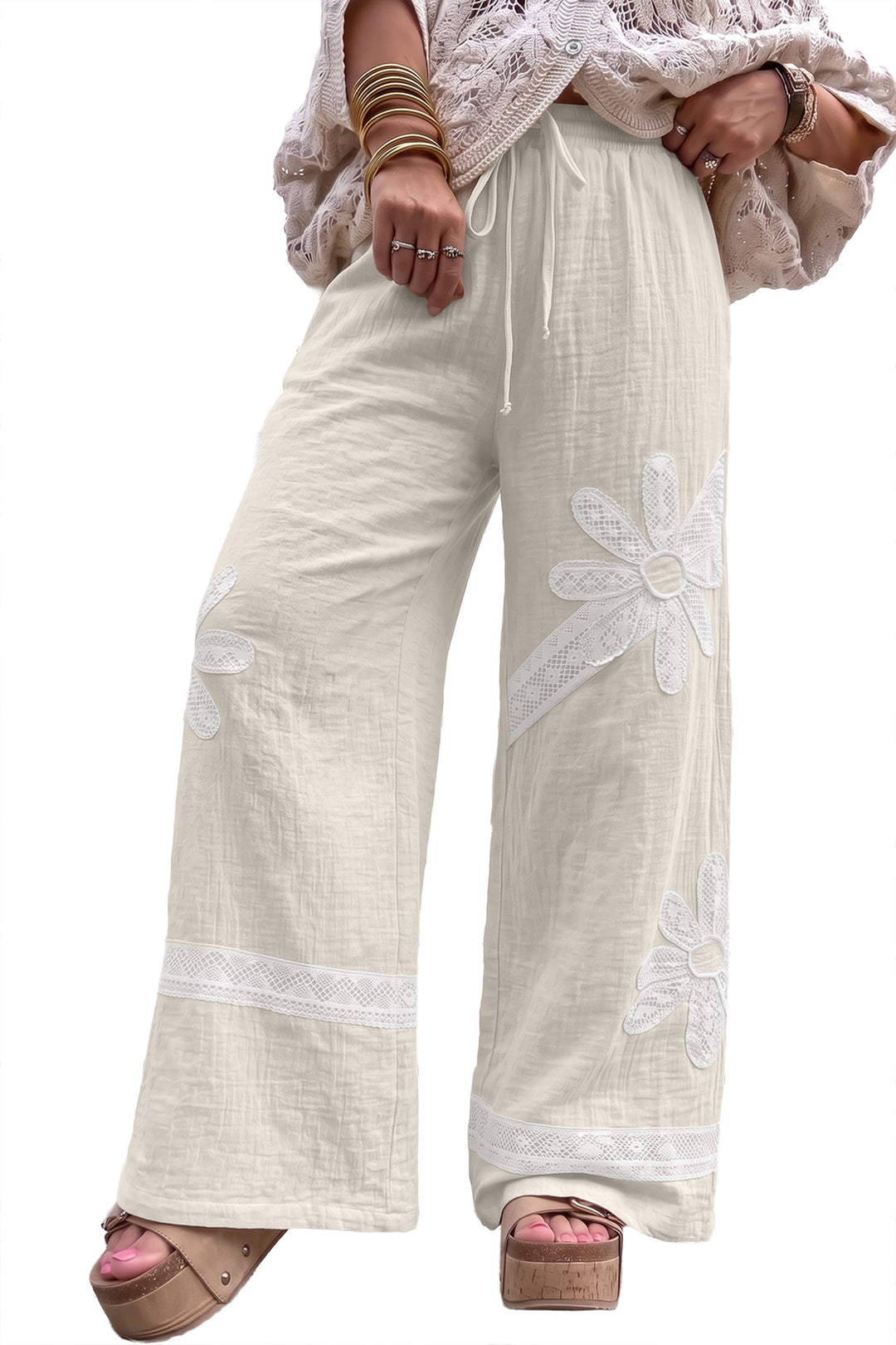 White Floral Lace Patchwork Boho Wide Leg Casual Pants