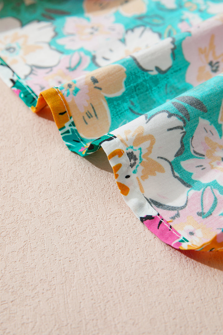 Green Floral Print Contrast Trim Frilled V Neck 3/4 Sleeve Blouse