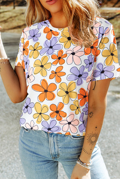 Orange Summer Flower Print Casual Round Neck T Shirt