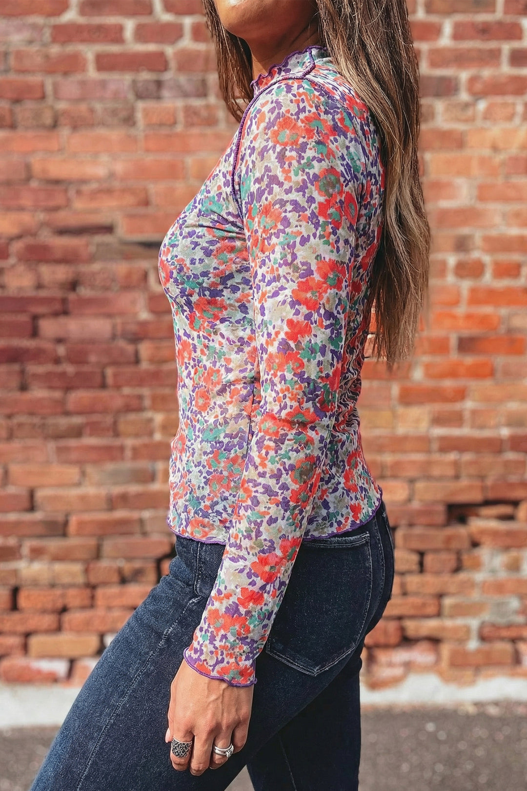 Blue Slim Fit Floral Mesh Long Sleeve Mock Neck Top
