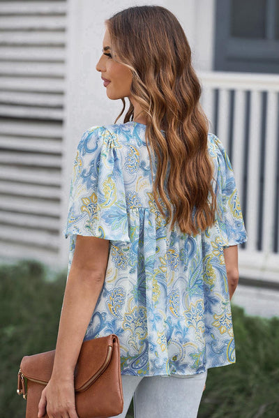 Sky Blue Paisley Print Wide Sleeves Loose Blouse