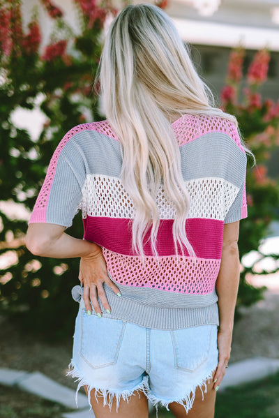 Pink Knitted Eyelet Colorblock Striped Half Sleeves Top