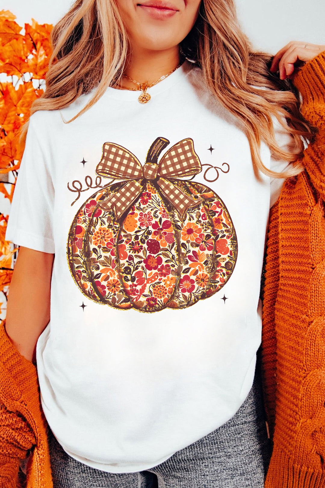 White Floral Pumpkin Print Round Neck Short Sleeve T-Shirt