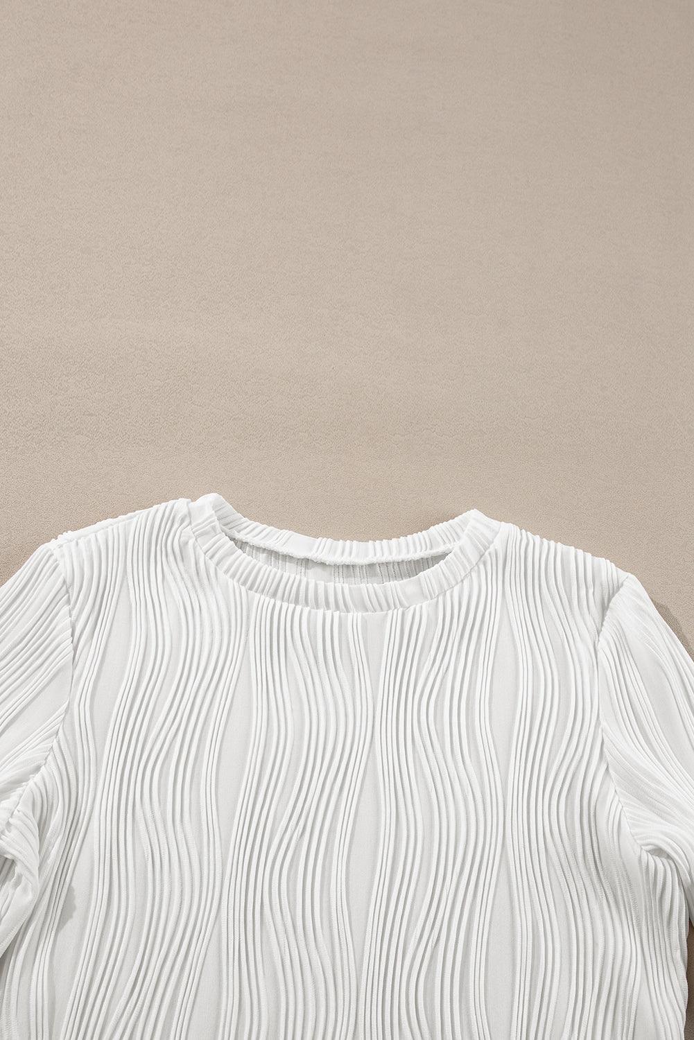 White Textured Wavy Round Neck Long Sleeve Top