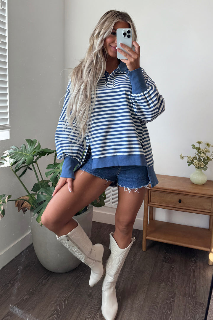 Blue Stripe Color Block Trim Raw Seam Split Hem Loose Pullover Sweatshirt
