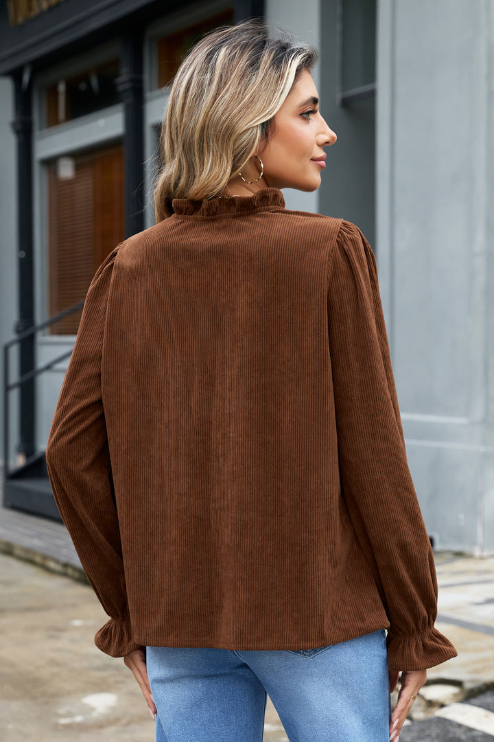 Coffee Solid Color Ruffle Trim V Neck Long Sleeve Button Corduroy Shakcet