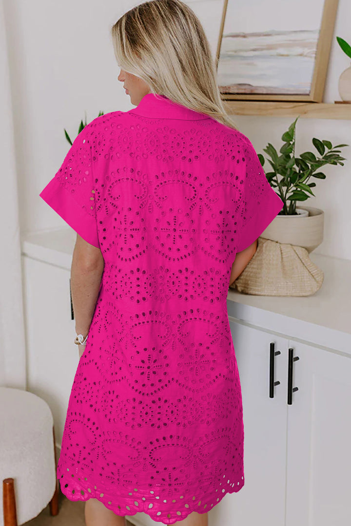Dark Blue Solid Color Eyelet Embroidered T Shirt Mini Dress