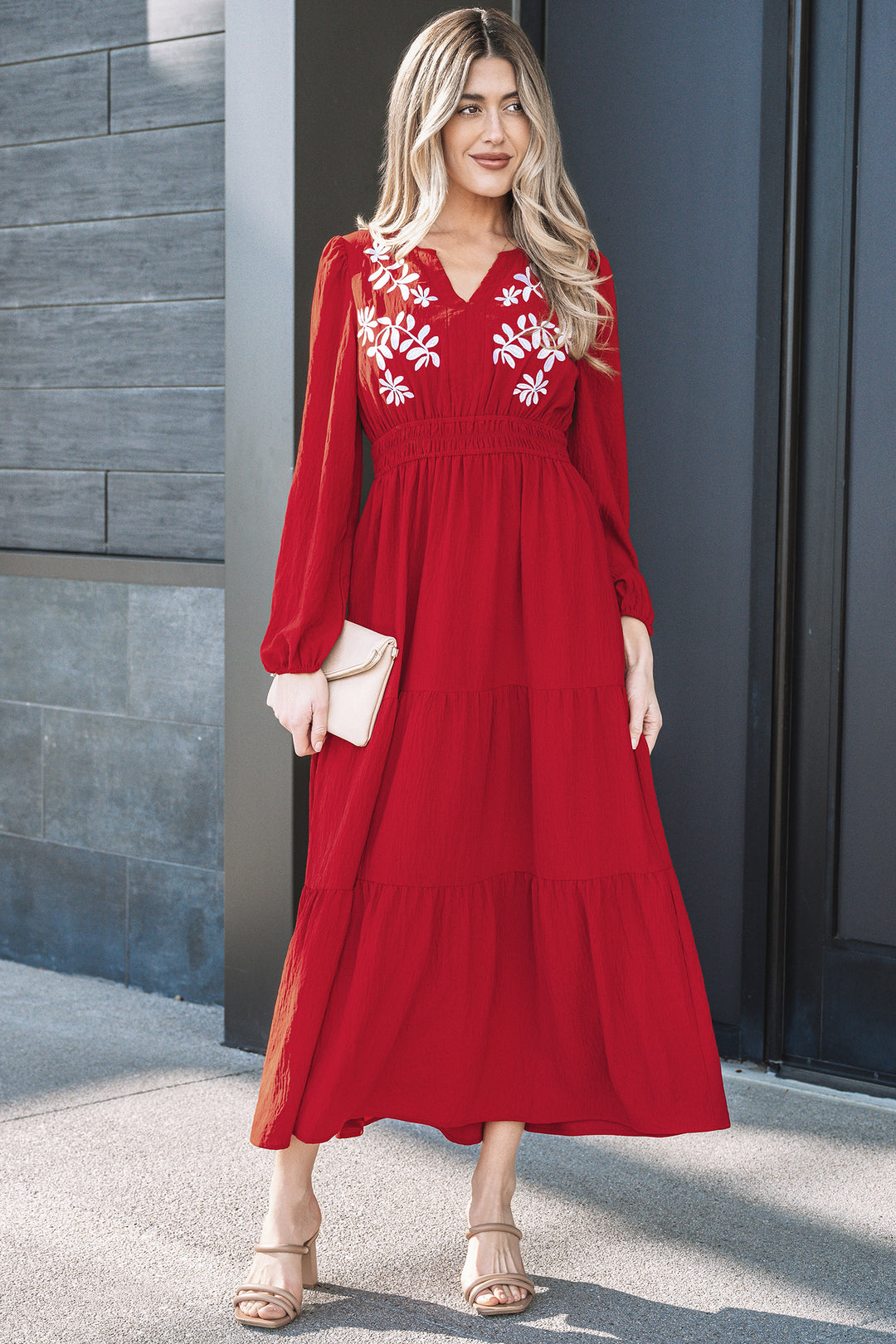 Racing Red Contrast Embroidered Detail Cinched Waist Tiered Long Sleeve Maxi Dress