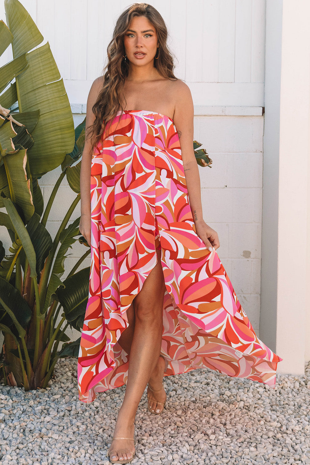 Rose Floral High Low Bandeau Vacay Dress