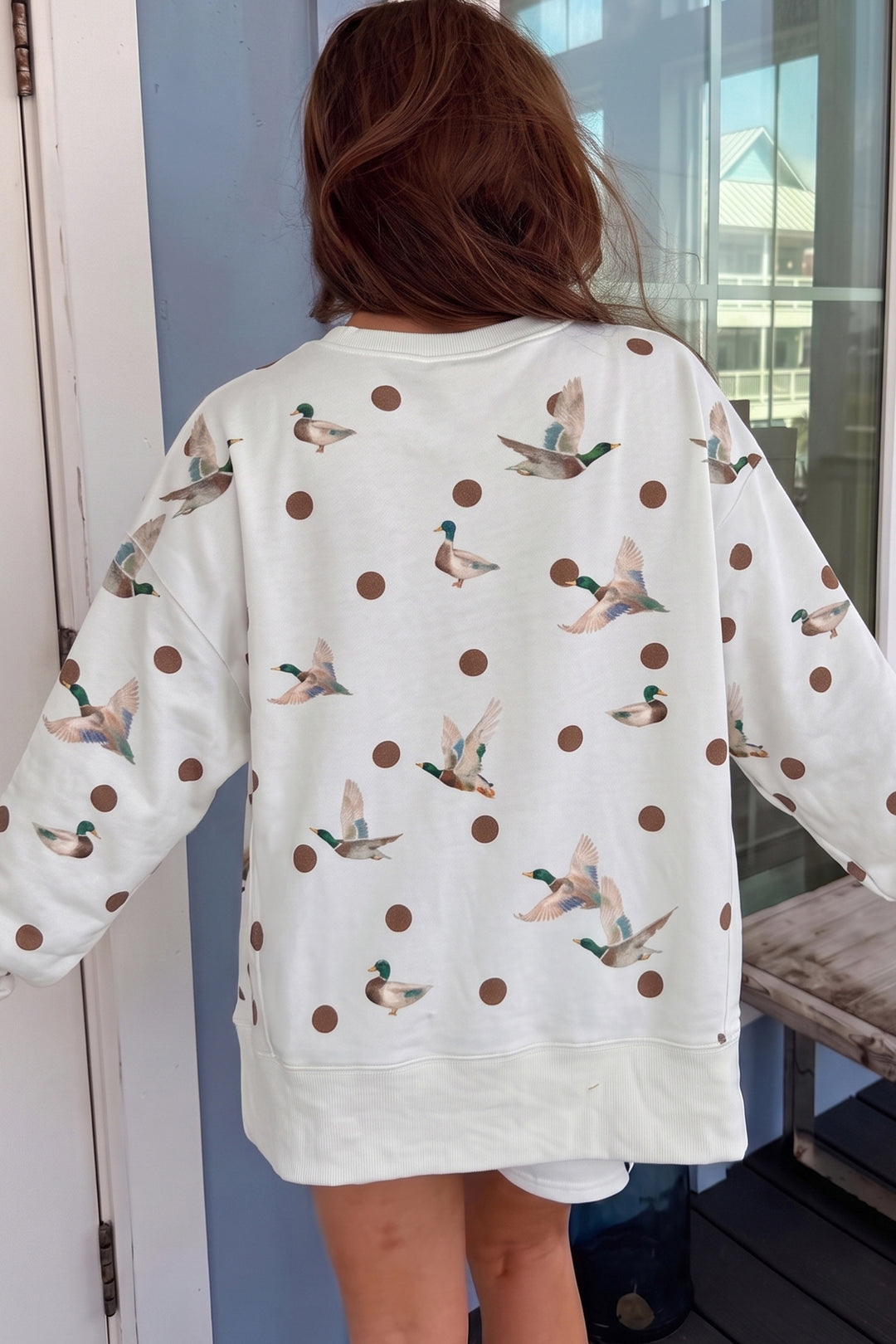 White Polka Dot Malard Print Oversized Pullover and Shorts 2pcs Set