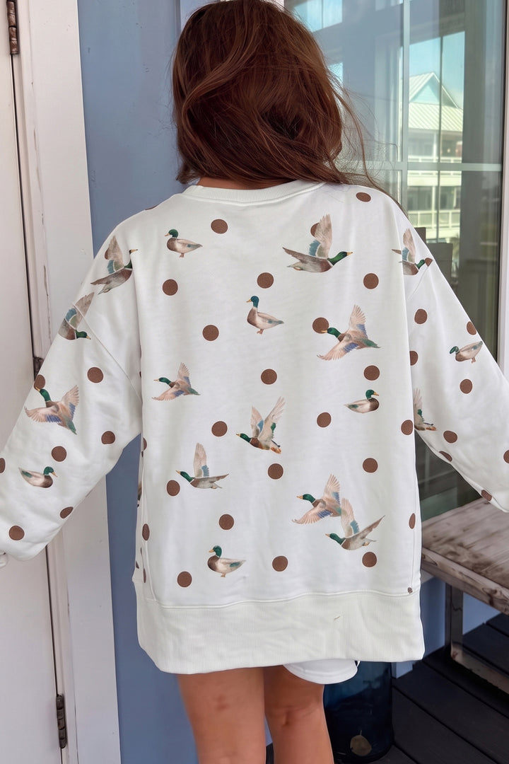 White Polka Dot Malard Print Oversized Pullover and Shorts 2pcs Set