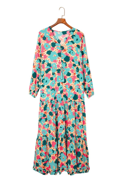 Multicolor Bohemia Print V Neck Ruffle Long Sleeve Maxi Dress