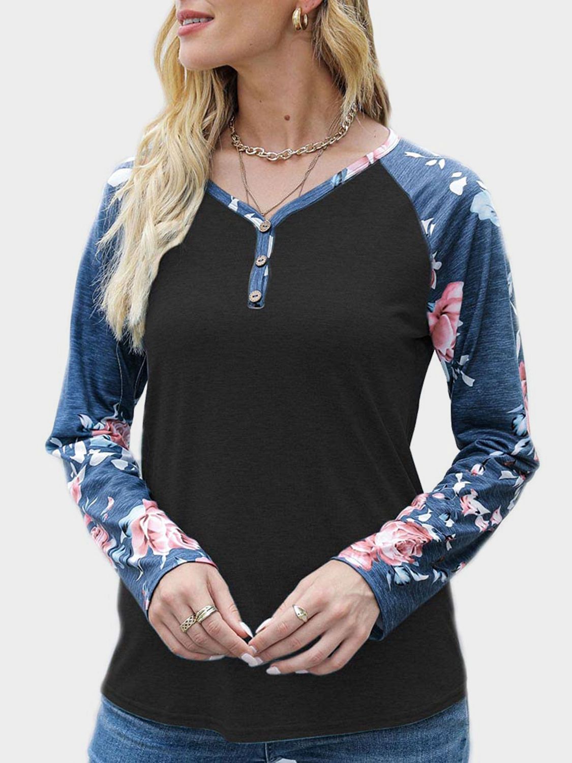 V-Neck Floral Long Sleeve T-Shirt