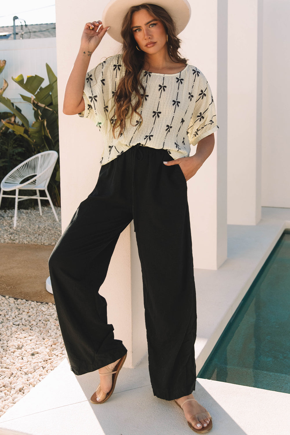 Aviana Bow Print Puff Short Sleeve Top