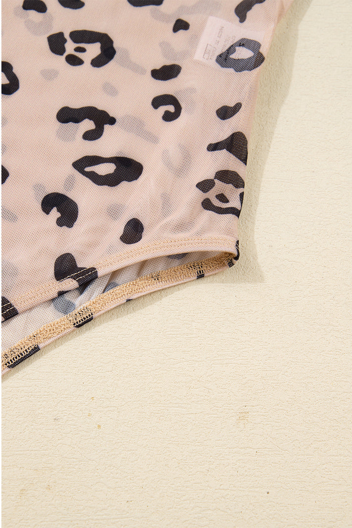 Khaki Mock Neck Sheer Mesh Leopard Long Sleeve Bodysuit