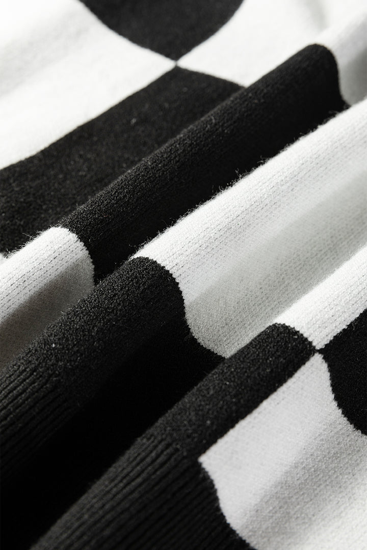 Black Checkered Pattern Loose Drop Shoulder Half Sleeve Sweater