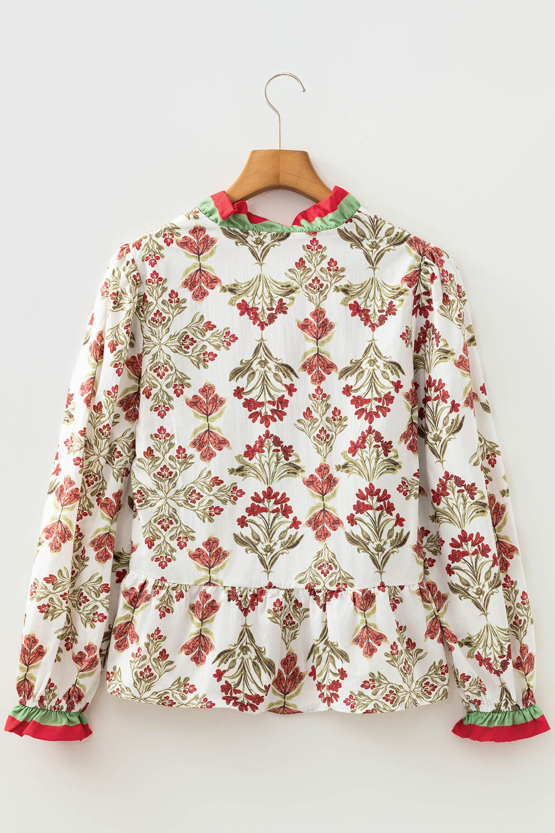 Floral Print Frilled Color Block Trim V Neck Long Sleeve Peplum Top