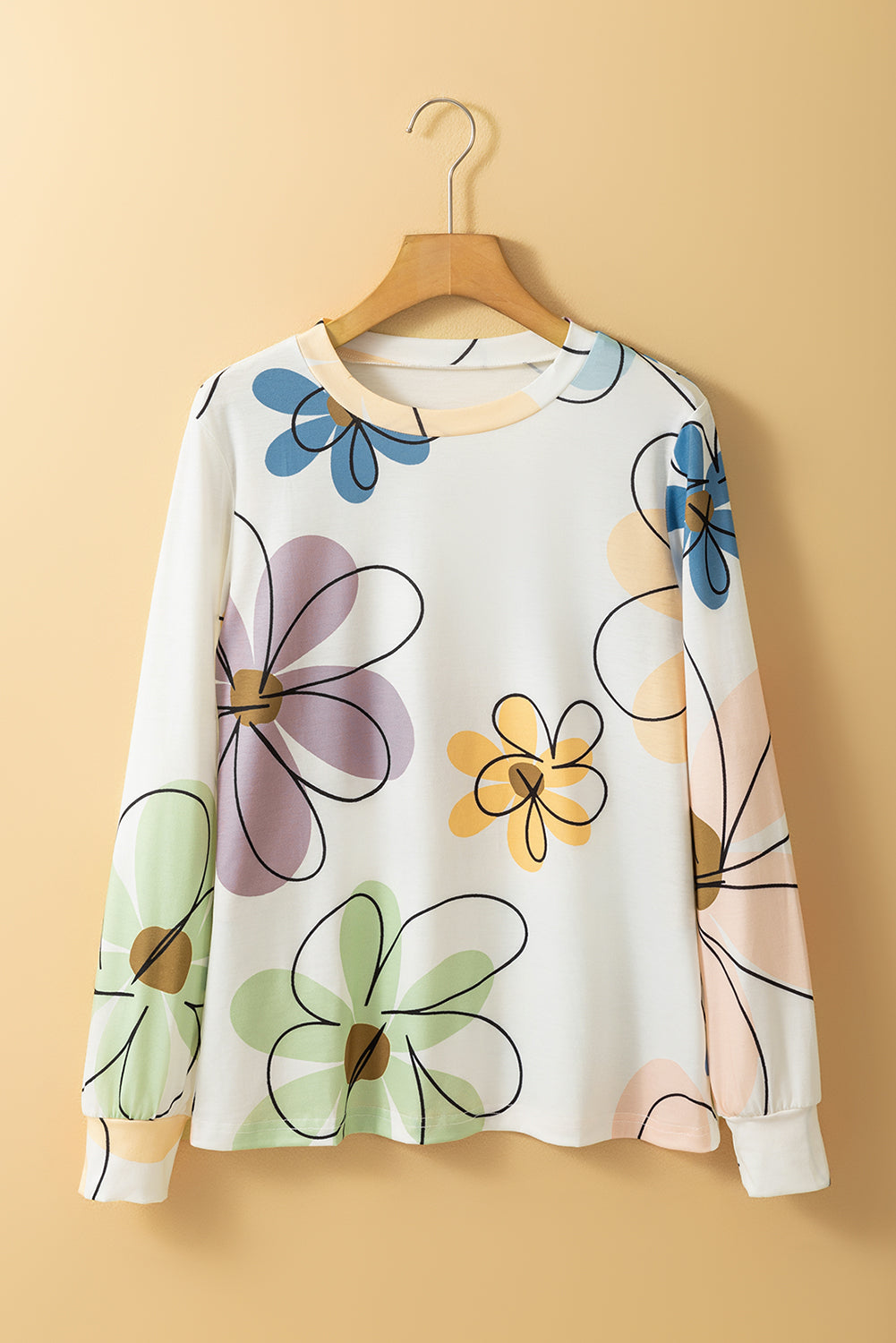 Beige Flower Print Crew Neck Long Sleeve T Shirt