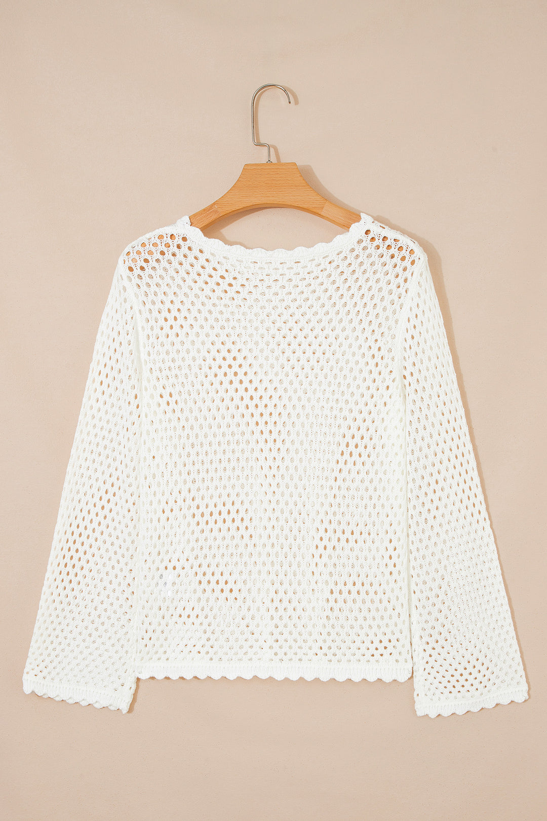 Yellow Cream Scalloped Trim Hollow Out Knit Long Sleeve Top