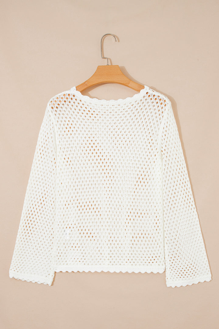 Yellow Cream Scalloped Trim Hollow Out Knit Long Sleeve Top