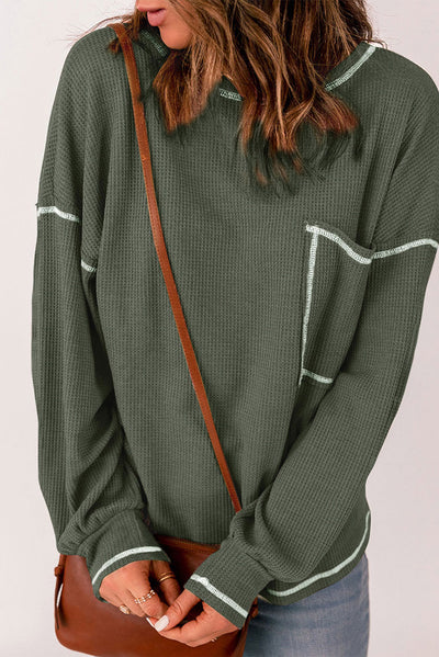 Mist Green Contrast Exposed Stitching Waffle Knit Top