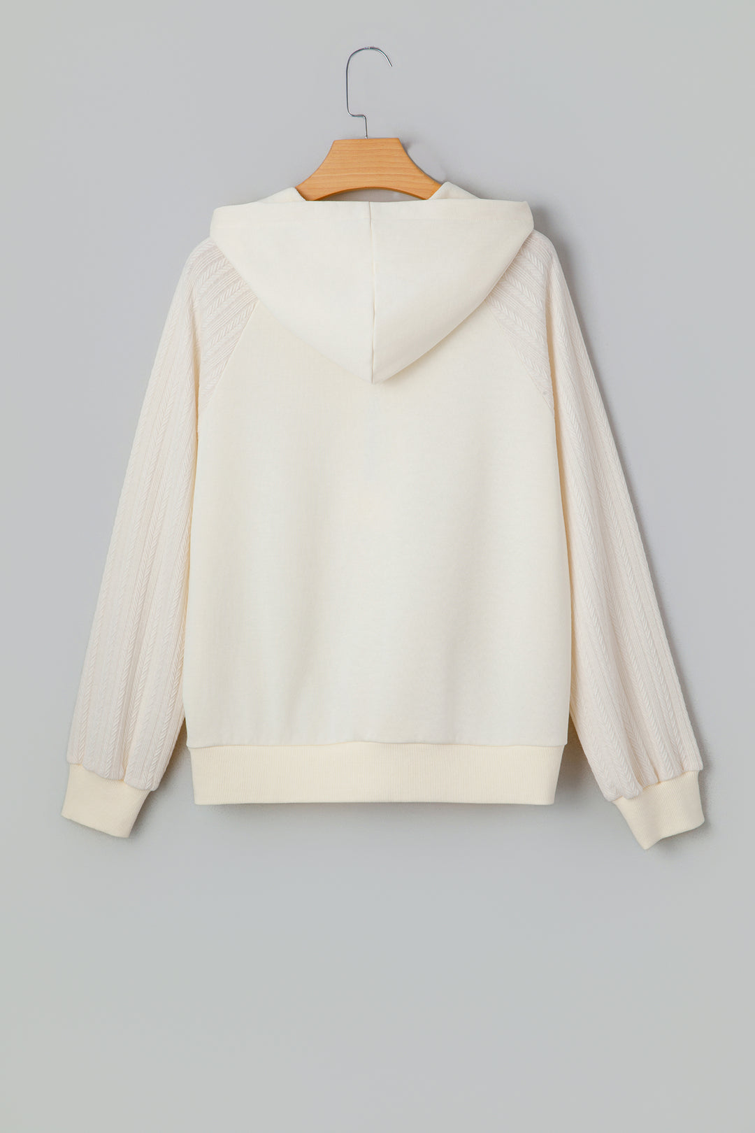 Beige Solid Color Textured Sleeve Patchwork Half Zip Hoodie