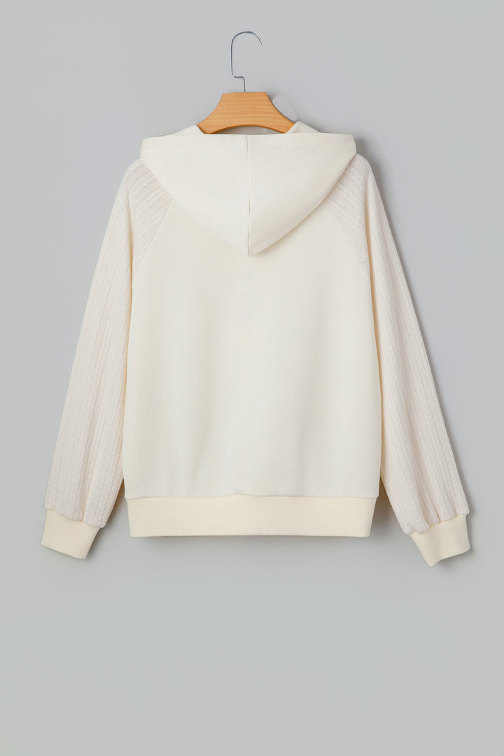 Beige Solid Color Textured Sleeve Patchwork Half Zip Hoodie