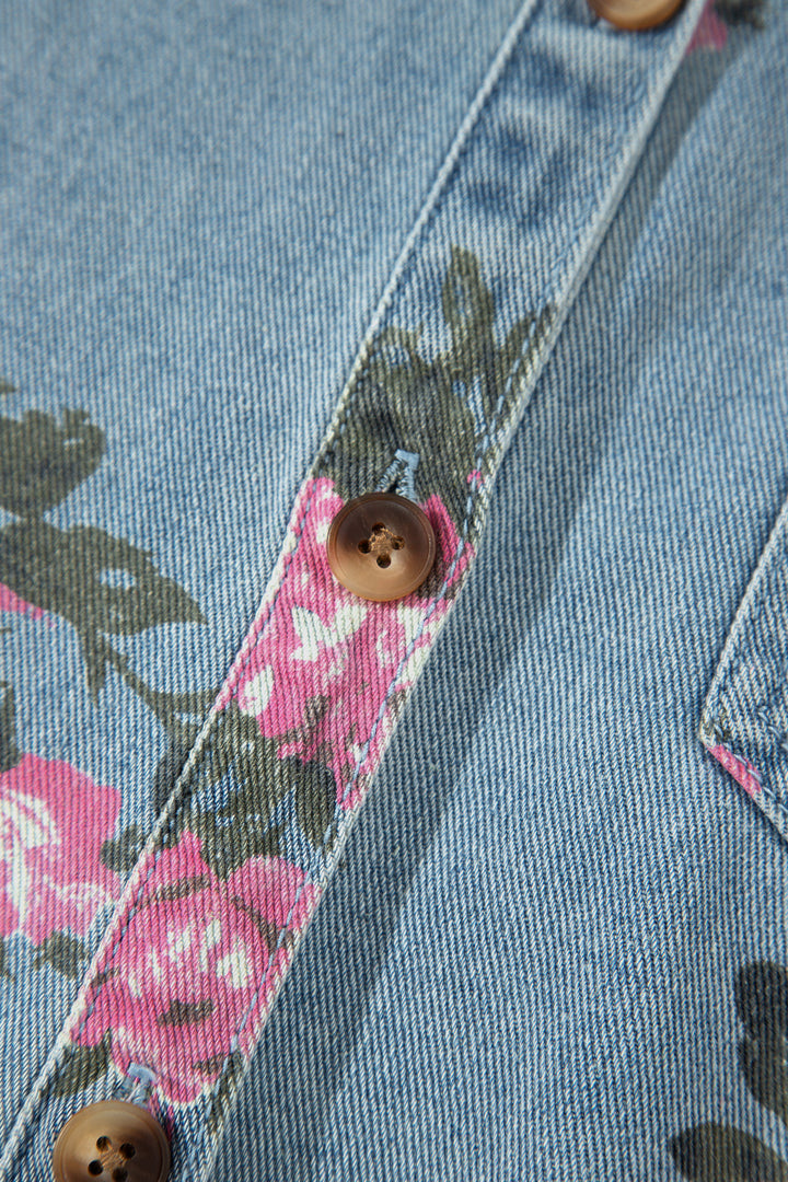 Sky Blue Floral Print Raw Seam Ruffle Hem Denim Jacket