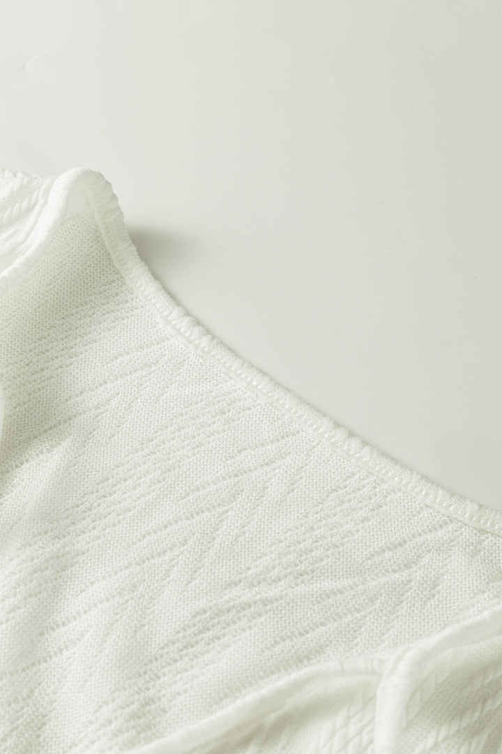 White Floral Patchwork Textured Knit Drawstring V Neck Blouse