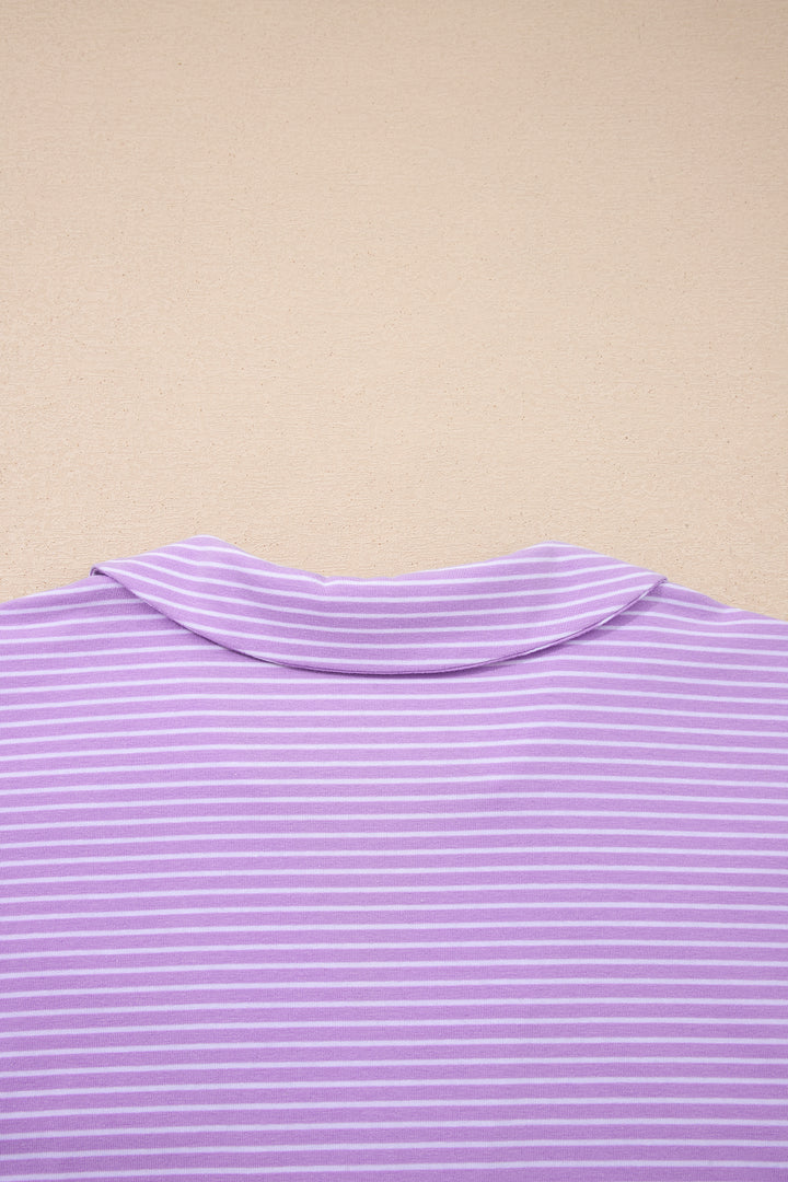 Purple Stripe Dolman Sleeve Polo Shirt and Drawstring Shorts Set